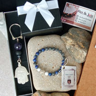 Image de Bracelet Pour Homme en Pierre Lapis Lazuli et Map Jasper et argent et porte clé en Ambre