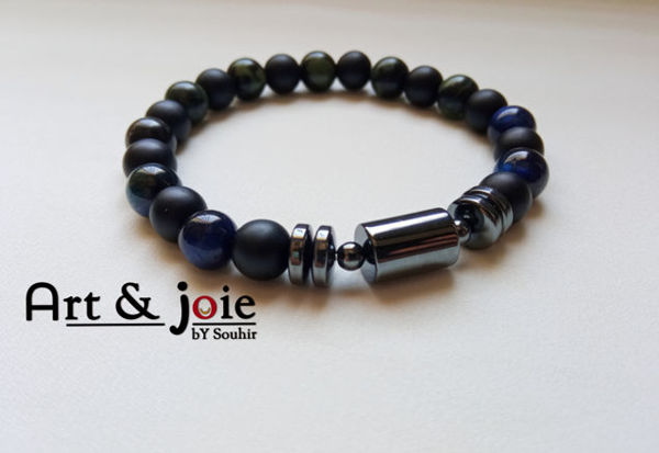 Image de Bracelet homme et femme en pierre onyx noir matte et œil de tigre bleu et hematite noir