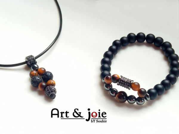 Image de Bracelet et collier pour homme et femme en pierre œil de tigre et onyx mate et motif en acier inoxydable